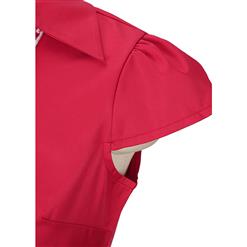 Women's Vintage V Neck Cap Sleeves Turndown Collar Red  Shirt DressN14052