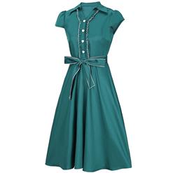 Women's Vintage V Neck Cap Sleeves Turndown Collar Green Shirt DressN14053