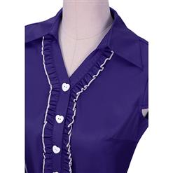 Women's Vintage V Neck Cap Sleeves Turndown Collar Blue Shirt Dress N14055