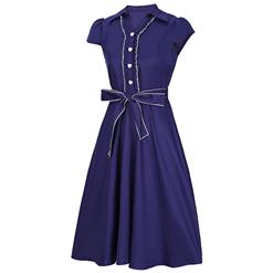 Women's Vintage V Neck Cap Sleeves Turndown Collar Blue Shirt Dress N14055