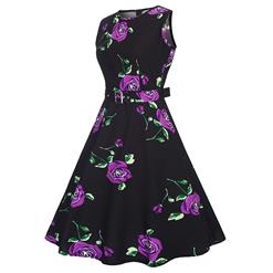 Women's Vintage 1950's Sleeveless Purple Floral Sweet Sexy Printing Skirt Lower Big Hem Dress  N14060