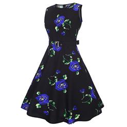 Women's Vintage 1950's Sleeveless Blue Floral Printing Skirt Lower Big Hem Dress  N14062