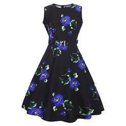 Women's Vintage 1950's Sleeveless Blue Floral Printing Skirt Lower Big Hem Dress  N14062