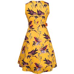 1950's Women Vintage Floral Bird Print Sleeveless Dress N14072