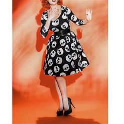 Vintage Women Skull Print Swing Midi Dress N14074