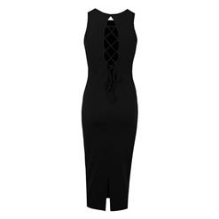Sexy Women's Sleeveless Round Neck Lace Up Bodycon Dresses N14078