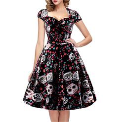 Classical Vintage Sweet Women Cap Sleeves Floral Skull Spot Print Swing Dress N14090