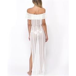 Sexy White Stripe See-through Fishnet Lace Off the Shoulder Cover Up N14145