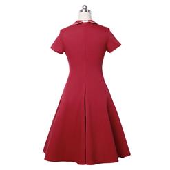 Women's Vintage Red Turn Down Collar Casual Cocktail Party Midi Dress N14174