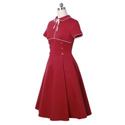 Women's Vintage Red Turn Down Collar Casual Cocktail Party Midi Dress N14174