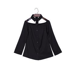 Sexy Black Long Sleeves Halter Button Up Blouse N14186