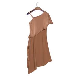 Women's Sexy Camel Asymmetric Oblique Collar Midi Dress N14187