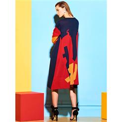 Women's Color Block Long Sleeve Sweater Midi Dress N14190
