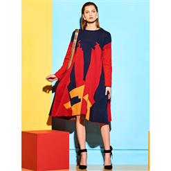 Women's Color Block Long Sleeve Sweater Midi Dress N14190