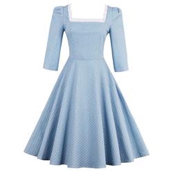 Fancy Women Square Neck Round Dot 3/4 Length Sleeve A-Line Swing Dress N14196
