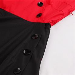 Women Red and Black Half Sleeves A-Line Asymmetrical Swing Dress N14199