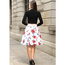 Women Red Rose Floral Pleated Knee Length A-line Skirt N14212