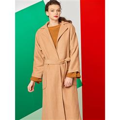 Women's Plain Khaki Casual Overcoat With Belt  N14217