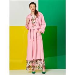 Women's Plain Pink Casual Overcoat With Belt  N14218