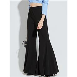 Black Slim Pleated Full Length Women's Bellbottoms Pants N14229