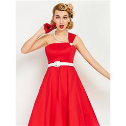 Red One Shoulder Women's Midi Swing Dress N14238