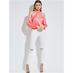 Fashion Sexy Pink Stand Collar Hollow Long Sleeve Plain Blouse Top N14258