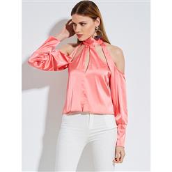 Off Shoulder Pink Shirt, Slim Polyester Shirt, Off Shoulder Blouse, Sexy Crop Top, Stand Collar Blouse Top, Sexy Blouse for Women, #N14258