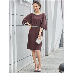 Women's Brown Elbow Sleeve Loose Style Casual Midi Dress N14292