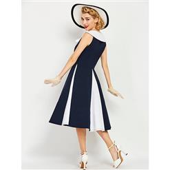 Sexy Women's Dark Blue Round Neck  Sleeveless Vintage Swing Dress N14307