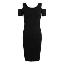 Women's Pretty Round Neck Cold Shoulder Black Bodycon Dresses N14309