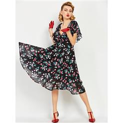 Sexy Women's V Neck Reffuled Short Sleeve Floral Print Swing Dress N14312