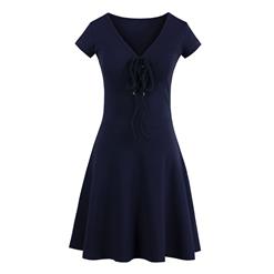 Women's Sexy Sleeve V Neck Front Lace Up Swing Dresses N14313
