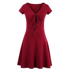 Women's Sexy Sleeve V Neck Front Lace Up Swing Dresses N14314