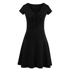 Women's Sexy Sleeve V Neck Front Lace Up Swing Dresses N14315