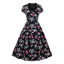 Sexy Women's Cut Out Neck Short Sleeve Floral Print Swing Dress N14316