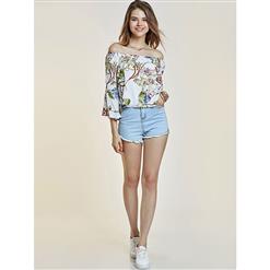 Women's Casual Floral Print Off Shuolder Flare Tops N14353