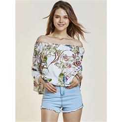 Tops, Floral Print Tops, Flare Tops, Tops for Women, Off Shuolder Tops, Cheap Women's Tops,  #N14353