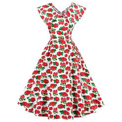 Women's Vintage Strawberry Print Sleeveless Turndown Collar Swing Cocktail Dress N14373