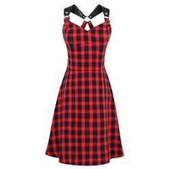 Sexy Women's Red Strap Sleeveless High Waist Plaid Mini Dress N14375