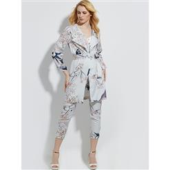 Women's Gray Flower Print Long Sleeve Lapel Coat N14383