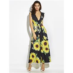 Hot Summer Deep V Pleated Patchwork Sunflower Print Wide Legs Jumpsuit N14400