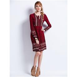 Women's Red Tribe Style Long Sleeve Floral Print Midi Dresses N14411