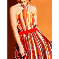Women's Orange High Neck Halter Sleeveless Stripe Maxi Dress N14414