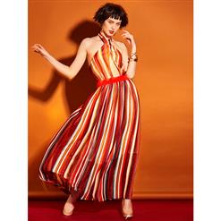 Women's Orange High Neck Halter Sleeveless Stripe Maxi Dress N14414