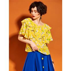 Women's Blouses, Flare Bell Sleeve Blouses, Floral Print Yellow Shirt, Crop Tops, round Neck Blouses, Sexy Blouse for Women, #N14426