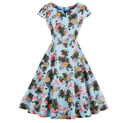 1950's  Vintage Light Blue Pineapple Print Casual Swing Dress N14431
