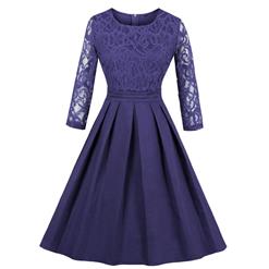 Charming Round Neck 3/4 Sleeves Floral Lace Cocktail Party Swing Dress N14435