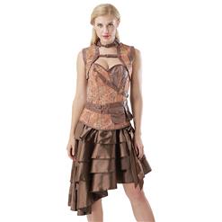 Steampunk Brown Corset with Sleeveless Jacket and Vintage Satin High-low Ruffles Skirt Sets N14442