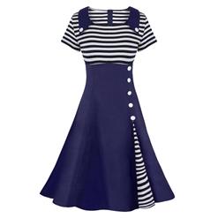 Women's Fashion Vintage Short Sleeve Splicing Swing Dress N14444