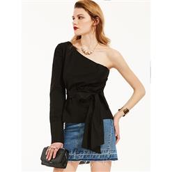 Irregular Blouse Tops, Black Blouse for Women, Long Sleeve Tops for women,  Oblique Collar Blouse, Office Lady Blouse, #N14454